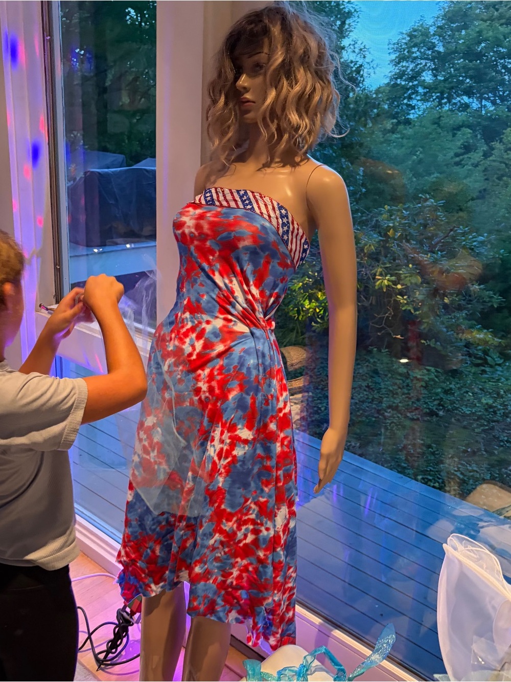 Strapless Red & Blue Tie-Dye Mini Dress